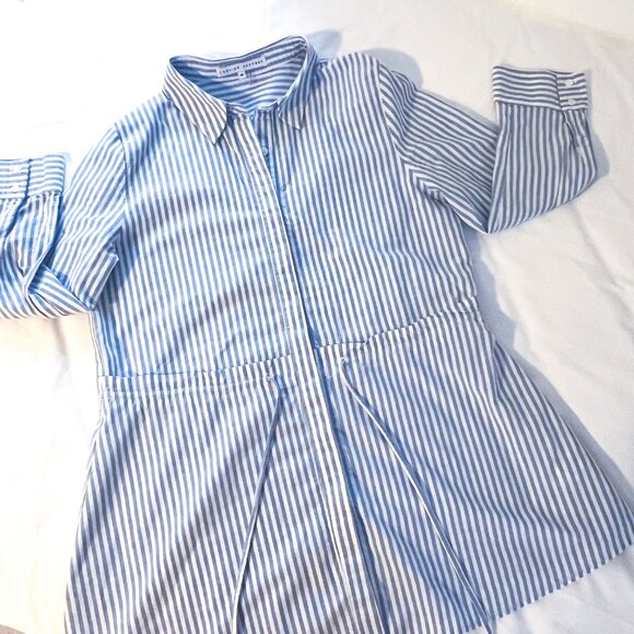 NEW English Factory Blue & White Striped Peplum Blouse with Drawstring Tie Waist - Picture 4 of 9
